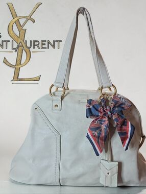 Yves Saint Laurent Leather Shoulder Bag with Navy-Red Bow Accent Preloved